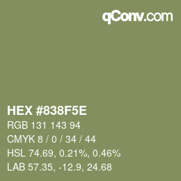 Farbcode: HEX #838F5E | qconv.com