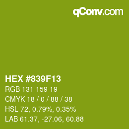 Code couleur: HEX #839F13 | qconv.com