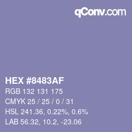 カラーコード: HEX #8483AF | qconv.com