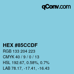 カラーコード: HEX #85CCDF | qconv.com