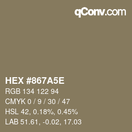 Color code: HEX #867A5E | qconv.com
