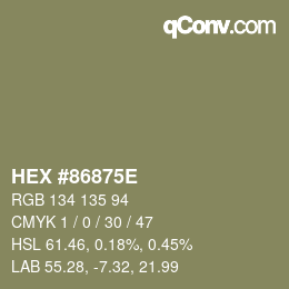 Farbcode: HEX #86875E | qconv.com