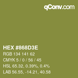 Color code: HEX #868D3E | qconv.com
