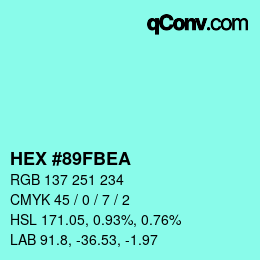 Farbcode: HEX #89FBEA | qconv.com