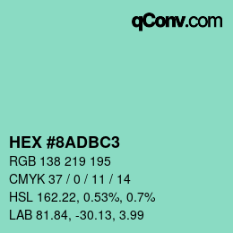カラーコード: HEX #8ADBC3 | qconv.com