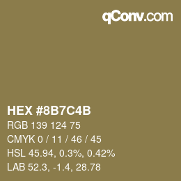 Color code: HEX #8B7C4B | qconv.com