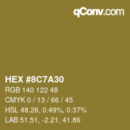 カラーコード: HEX #8C7A30 | qconv.com