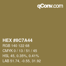 Color code: HEX #8C7A44 | qconv.com