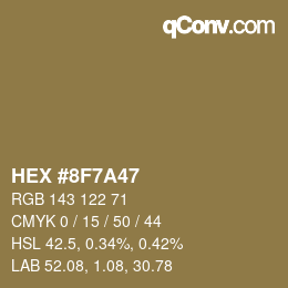 Color code: HEX #8F7A47 | qconv.com