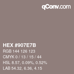 Color code: HEX #907E7B | qconv.com