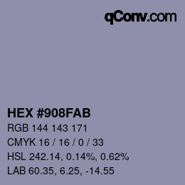 Farbcode: HEX #908FAB | qconv.com