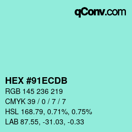 カラーコード: HEX #91ECDB | qconv.com