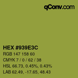 Color code: HEX #939E3C | qconv.com