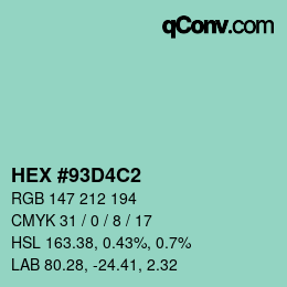 カラーコード: HEX #93D4C2 | qconv.com
