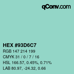 カラーコード: HEX #93D6C7 | qconv.com