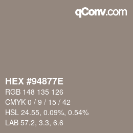Color code: HEX #94877E | qconv.com