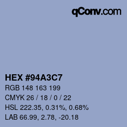 颜色代码: HEX #94A3C7 | qconv.com