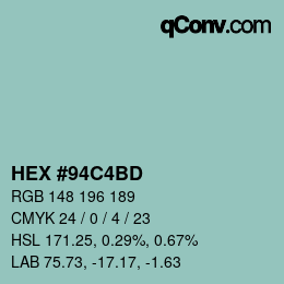 カラーコード: HEX #94C4BD | qconv.com