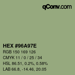 Color code: HEX #96A97E | qconv.com