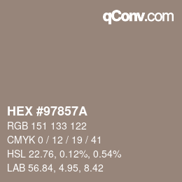 Color code: HEX #97857A | qconv.com