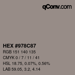 カラーコード: HEX #978C87 | qconv.com