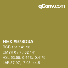 カラーコード: HEX #978D3A | qconv.com