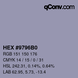 Color code: HEX #9796B0 | qconv.com
