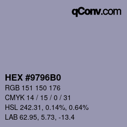 Color code: HEX #9796B0 | qconv.com