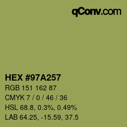 Farbcode: HEX #97A257 | qconv.com