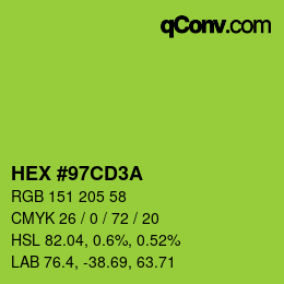 カラーコード: HEX #97CD3A | qconv.com