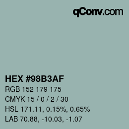 Color code: HEX #98B3AF | qconv.com