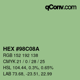 Color code: HEX #98C08A | qconv.com