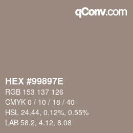 Color code: HEX #99897E | qconv.com