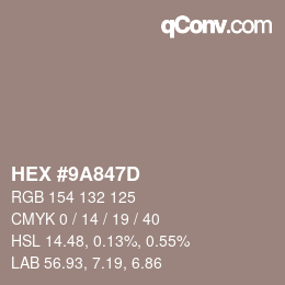 Color code: HEX #9A847D | qconv.com