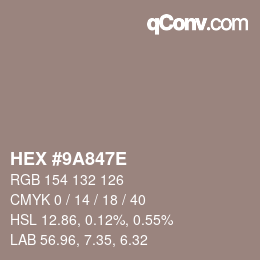 Color code: HEX #9A847E | qconv.com