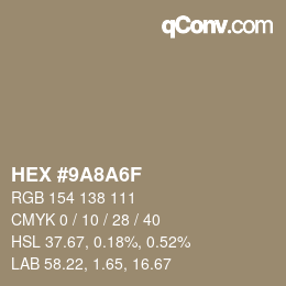 Color code: HEX #9A8A6F | qconv.com