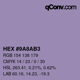 Color code: HEX #9A8AB3 | qconv.com