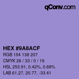 Color code: HEX #9A8ACF | qconv.com