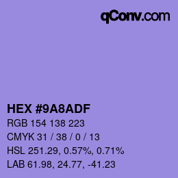 Color code: HEX #9A8ADF | qconv.com