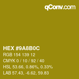 Color code: HEX #9A8B0C | qconv.com