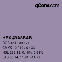 Color code: HEX #9A8BAB | qconv.com