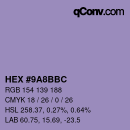 Color code: HEX #9A8BBC | qconv.com
