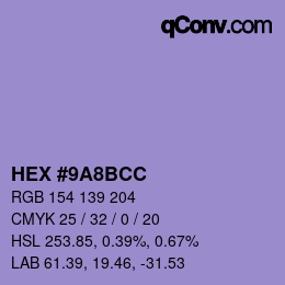 Color code: HEX #9A8BCC | qconv.com