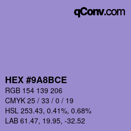 Color code: HEX #9A8BCE | qconv.com