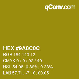 Color code: HEX #9A8C0C | qconv.com