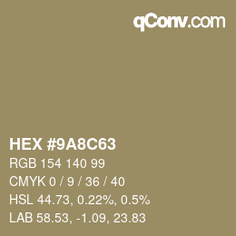 Color code: HEX #9A8C63 | qconv.com