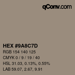 Color code: HEX #9A8C7D | qconv.com