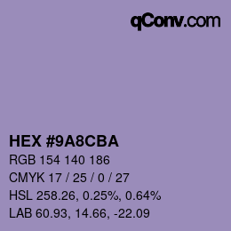 Color code: HEX #9A8CBA | qconv.com