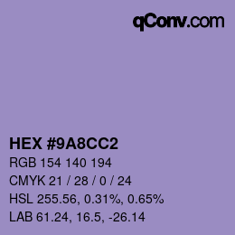 カラーコード: HEX #9A8CC2 | qconv.com