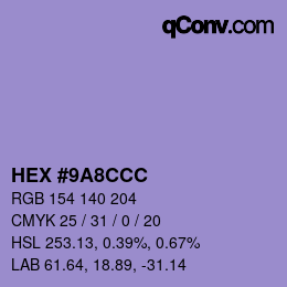 Color code: HEX #9A8CCC | qconv.com